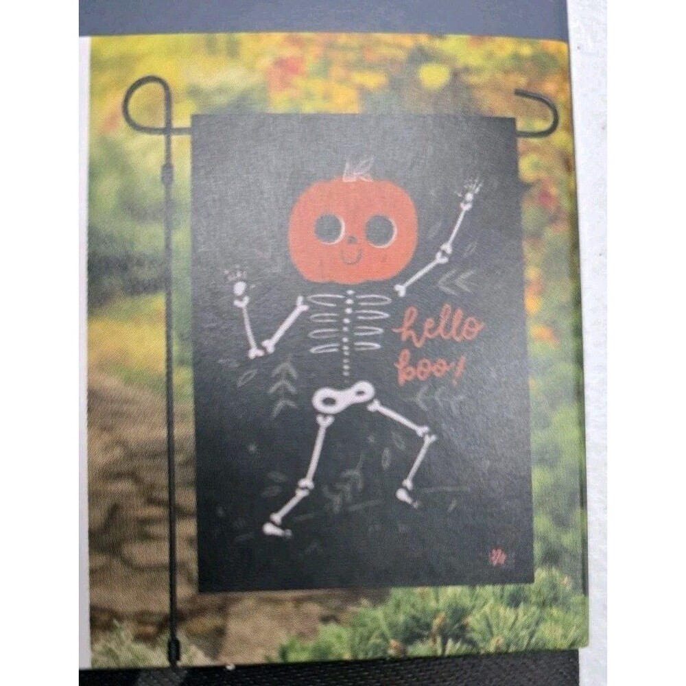 NIP Style Selections Small Garden Flag 12.5x18in Hello Boo Skeleton Halloween